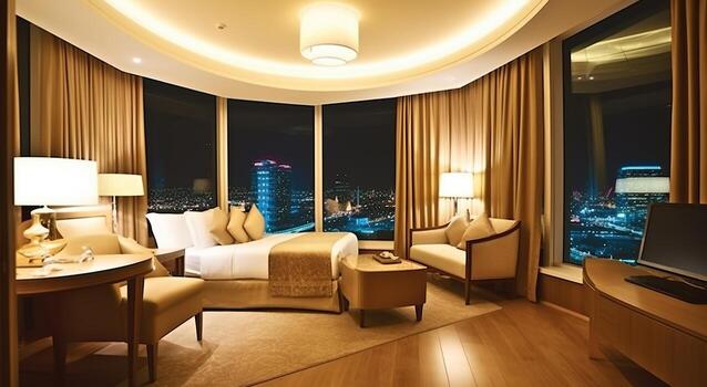 embracing-opulence-in-a-hotel-room-with-a-large-window-generative-ai-photo